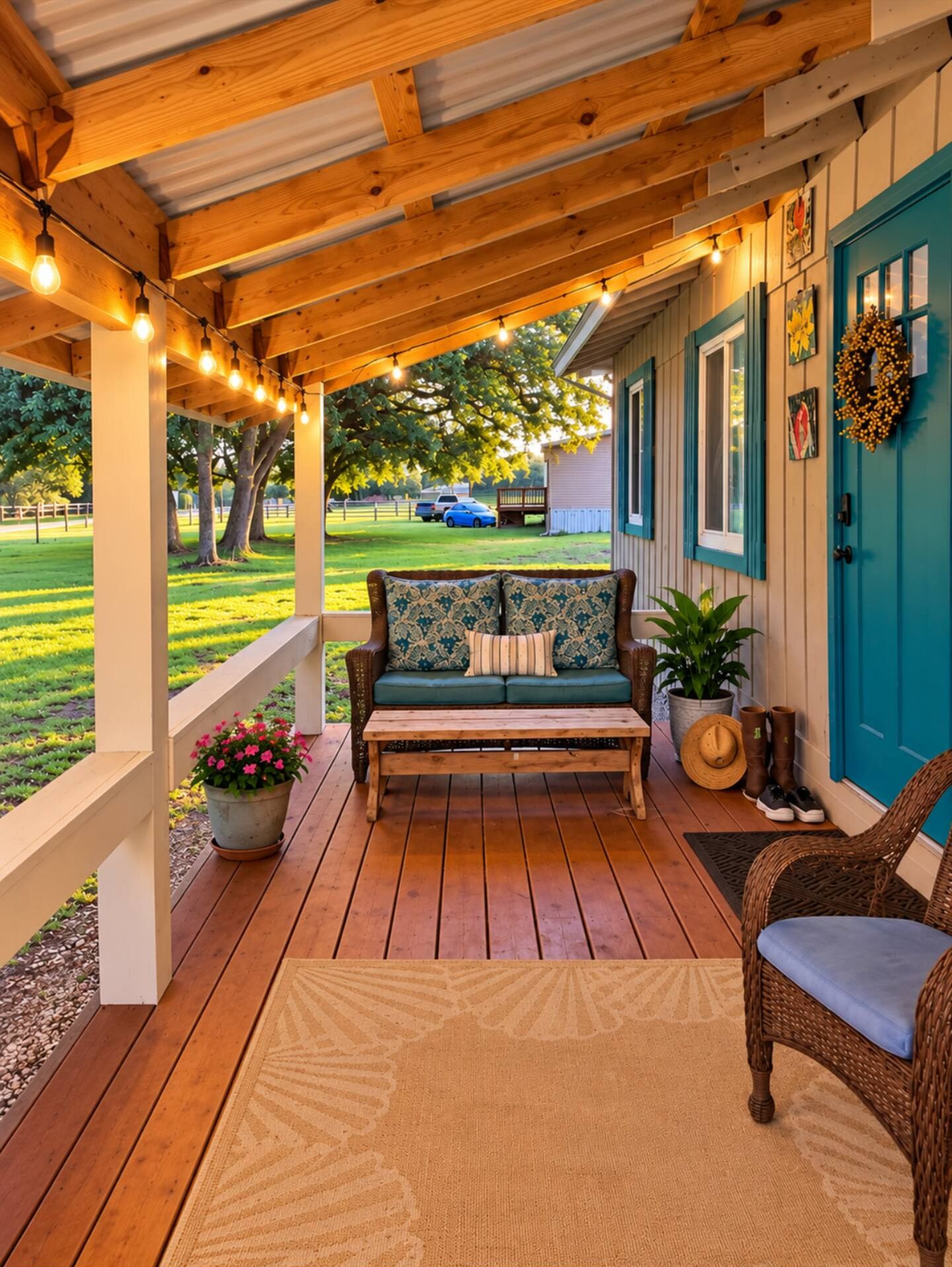 Front porch with wicker seating and string lights